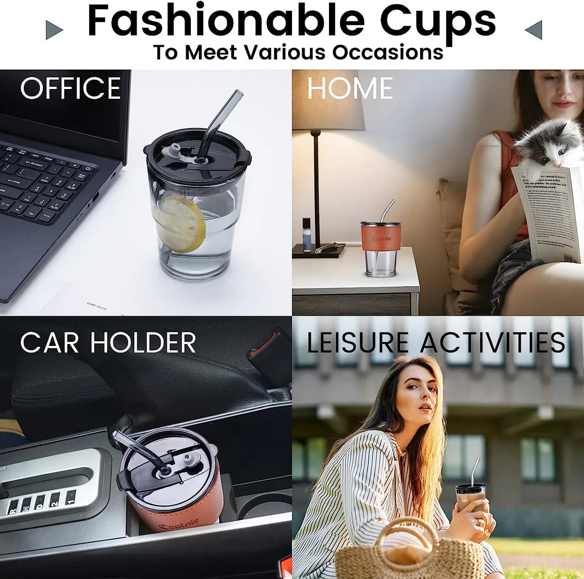 Glass Reusable Sipper Bottle With Leather Sleeve Glass Coffee Mug With Silicone Straw (435ml)