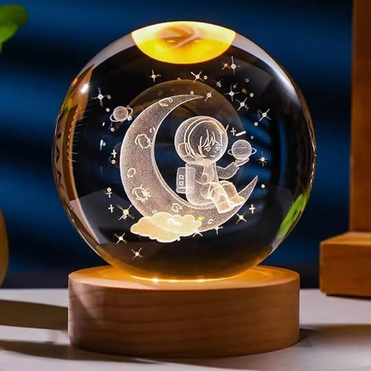 3D Galaxy Crystal Ball Night Lamp,Solar System, USB Table Colorful LED Wooden Crystal Ball for Home Decoration Birthday Gift for Teens and Girls (Astro with Moon)