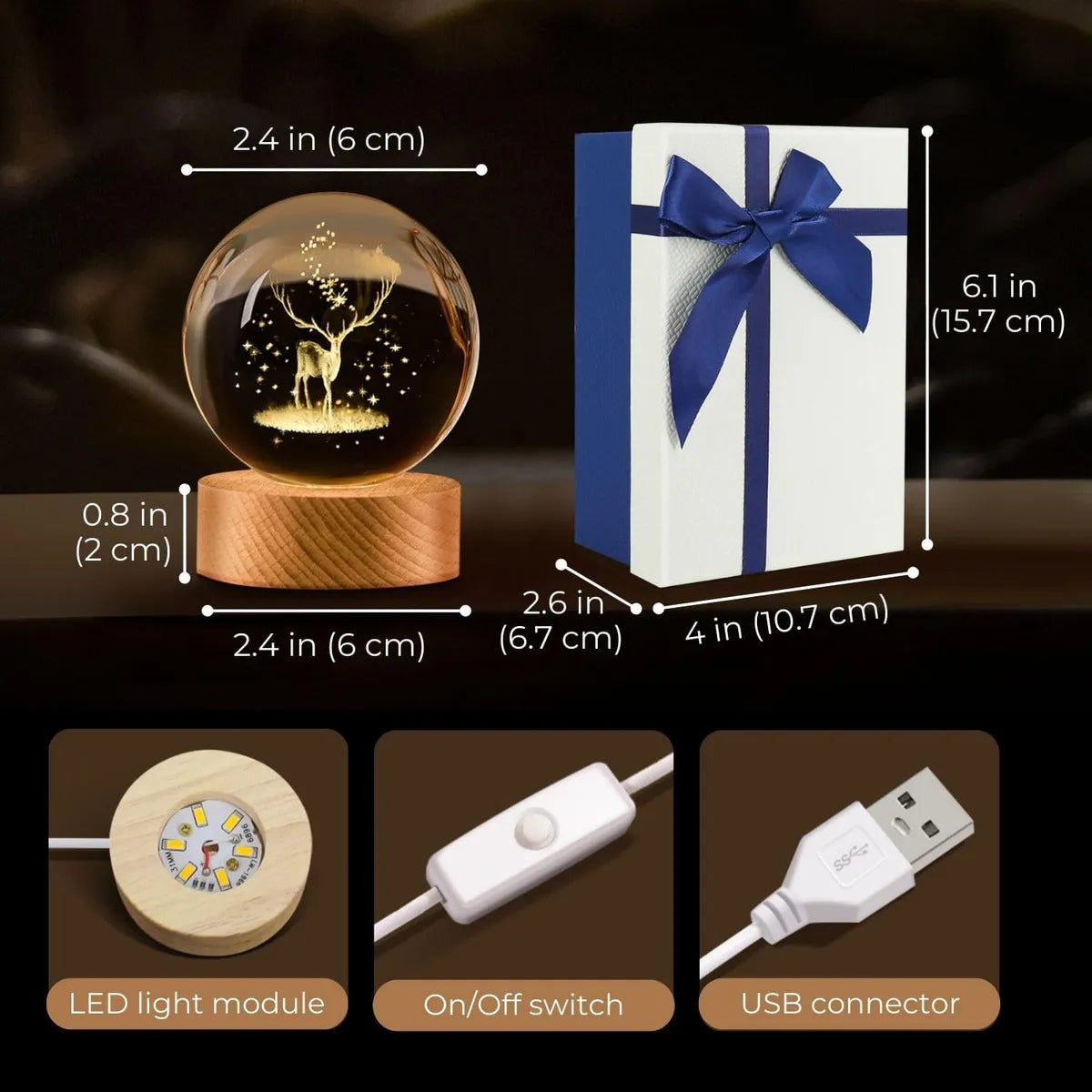 3D Snow Deer Crystal Ball Night Lamp, USB Table Colorful LED Wooden Crystal Ball for Home Decoration Birthday Gift for Men,Women,Kids,Boys,Girls,Teens (Snow Deer)