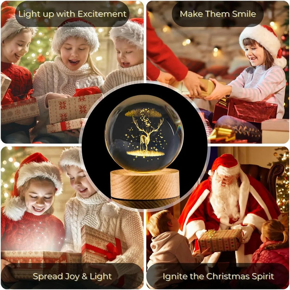 3D Snow Deer Crystal Ball Night Lamp, USB Table Colorful LED Wooden Crystal Ball for Home Decoration Birthday Gift for Men,Women,Kids,Boys,Girls,Teens (Snow Deer)