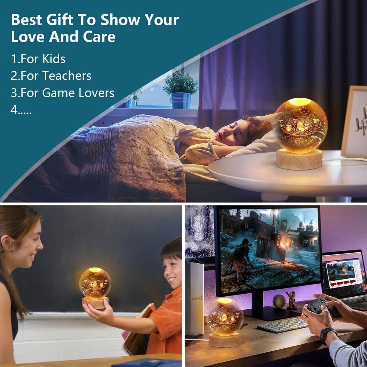 3D Galaxy Crystal Ball Night Light | Dimmable Engraved LED Glass Ball Table Lamp with USB and Wooden Base for Home Decor, Office, Birthday Gift & Kids Bedroom (Planet)