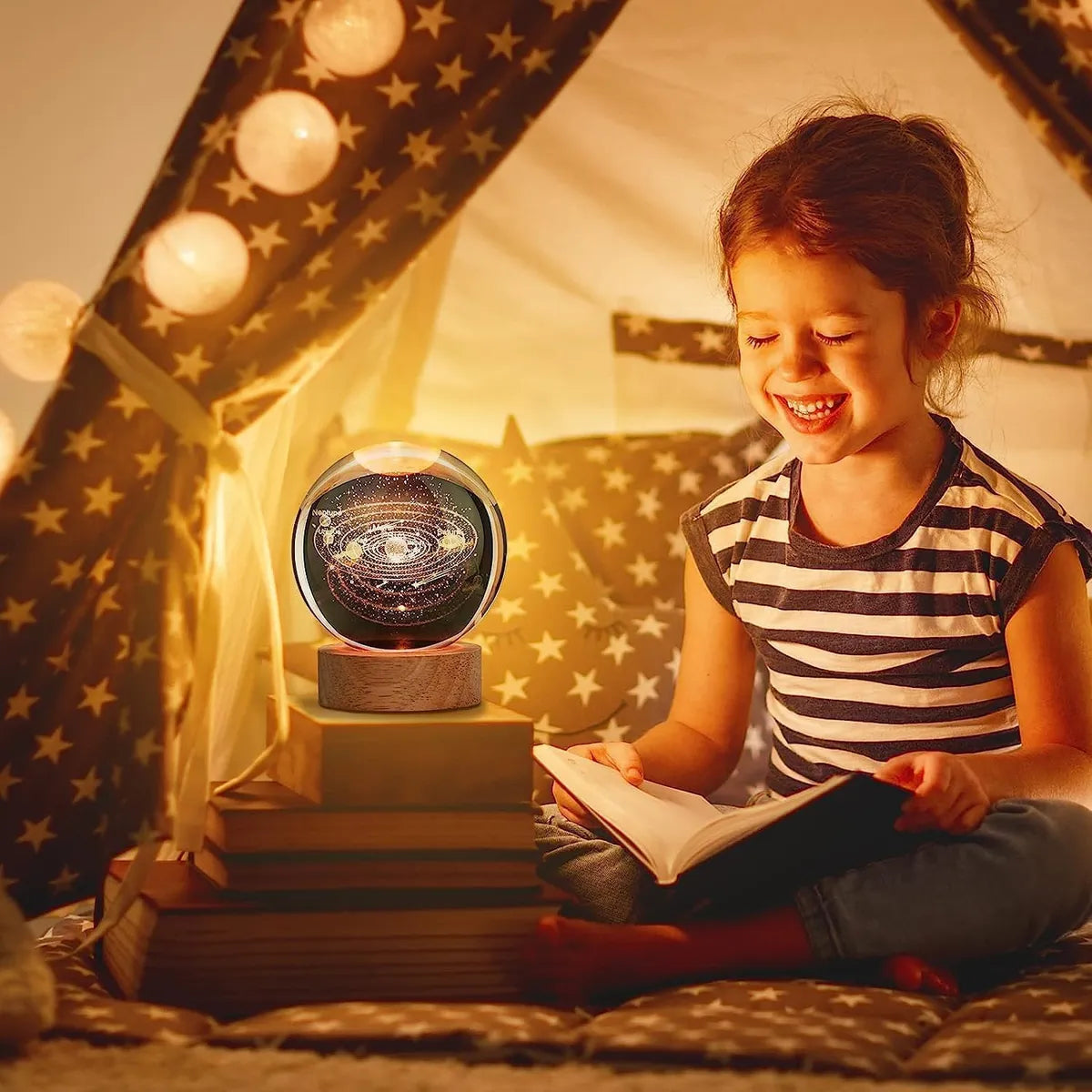 3D Galaxy Crystal Ball Night Light | Dimmable Engraved LED Glass Ball Table Lamp with USB and Wooden Base for Home Decor, Office, Birthday Gift & Kids Bedroom (Planet)