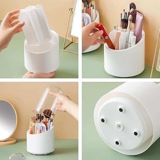 360 Degree Rotating Makeup Brush Holder | Cosmetic Brush Storage Box For Dressing Table/Desk/Vanity | Brush Bucket With Dust Cover | Beauty Storage Display Case Stand (WHITE)