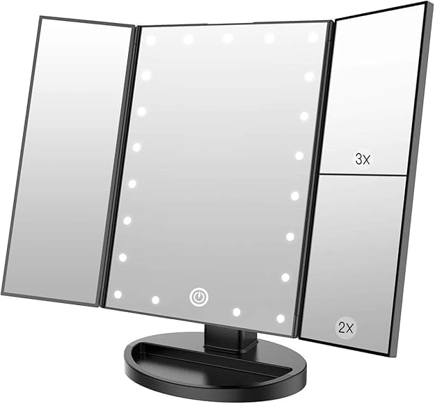 Rechargeable Makeup Vanity Mirror | Tri-fold Makeup Mirror with Lights | Lighted Makeup Mirror with Magnification | Portable LED Travel Vanity Mirror with 3 Light Modes and Adjustable