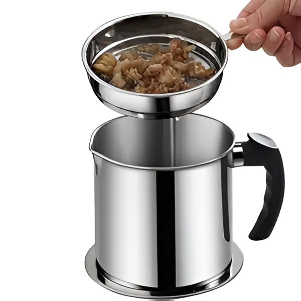 Oil Strainer Pot – 1.3L Stainless Steel Grease Container with Removable Fine Mesh Filter, Anti-Scald Handle & Dustproof Lid – Reusable Cooking Oil Storage Can for Frying, Easy to Clean