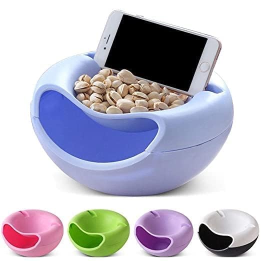 Double Layer Multifunctional Creative Shape Pista Nut Snack Breakfast Dry Fruit Serving Platter Bowl with Mobile Cell Phone Holder Bracket Stand