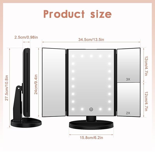 Rechargeable Makeup Vanity Mirror | Tri-fold Makeup Mirror with Lights | Lighted Makeup Mirror with Magnification | Portable LED Travel Vanity Mirror with 3 Light Modes and Adjustable