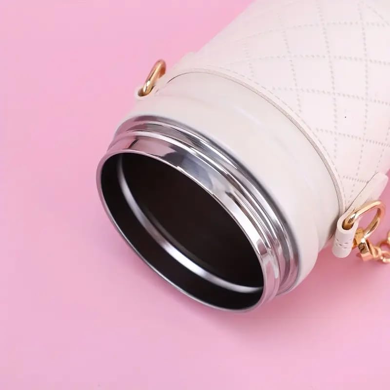 Water Bottle with Belt Rabbit Style Insulated Vacuum Cup with Straw 480ml Stainless Steel Travel Coffe Mug with Sholder Strap Hot & Cold, Coffee Tumbler (White)