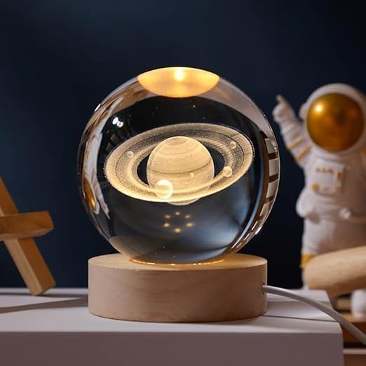 Solar System Crystal Ball Night Lamp 2.4 inch, 3D Galaxy Ball lamp 60 MM USB Table Colorful LED Wooden Base Crystal Ball for Home Decoration Birthday Gift (Moon)