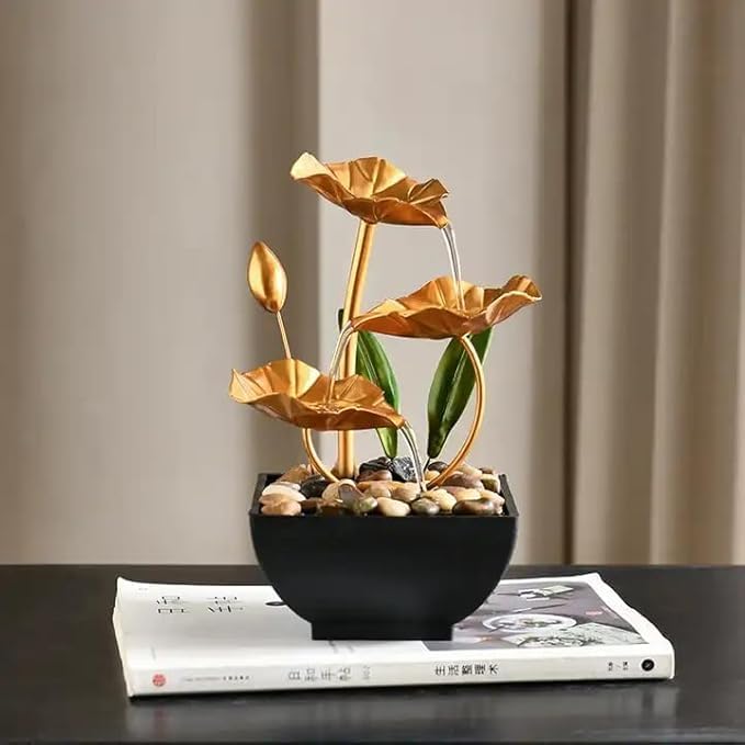 Metal Tabletop Water Fountain,Home Decor Ornaments with Waterfall Desktop Leaf Fountains,Deep Basin&Natural River Rocks. Indoor Zen Relaxation for Office,Living Room,Bedroom Decor for Gift