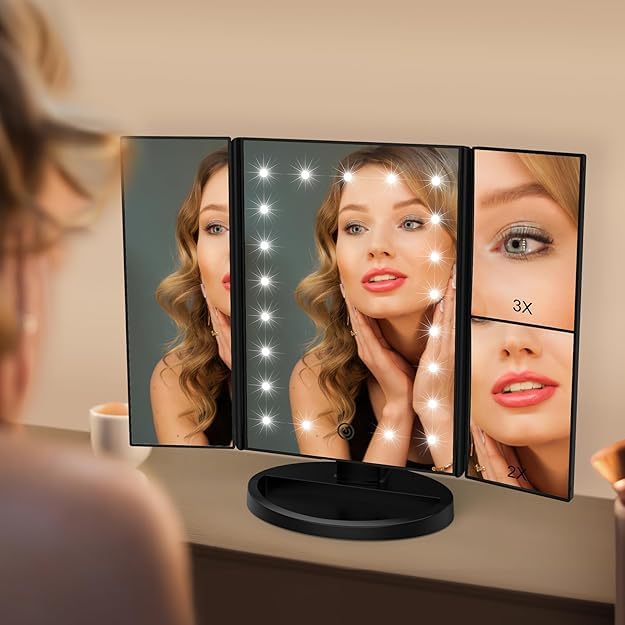 Rechargeable Makeup Vanity Mirror | Tri-fold Makeup Mirror with Lights | Lighted Makeup Mirror with Magnification | Portable LED Travel Vanity Mirror with 3 Light Modes and Adjustable