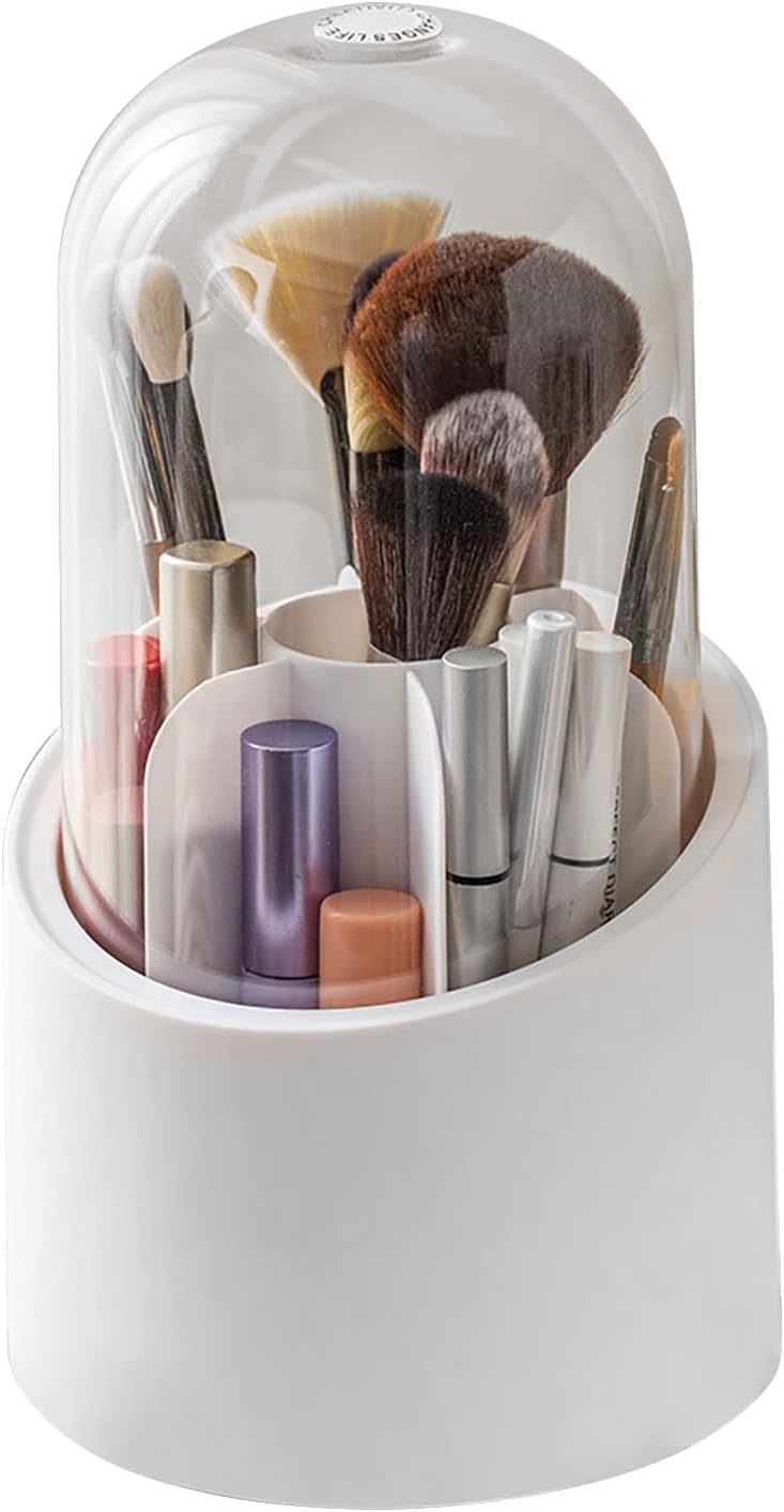 360 Degree Rotating Makeup Brush Holder | Cosmetic Brush Storage Box For Dressing Table/Desk/Vanity | Brush Bucket With Dust Cover | Beauty Storage Display Case Stand (WHITE)