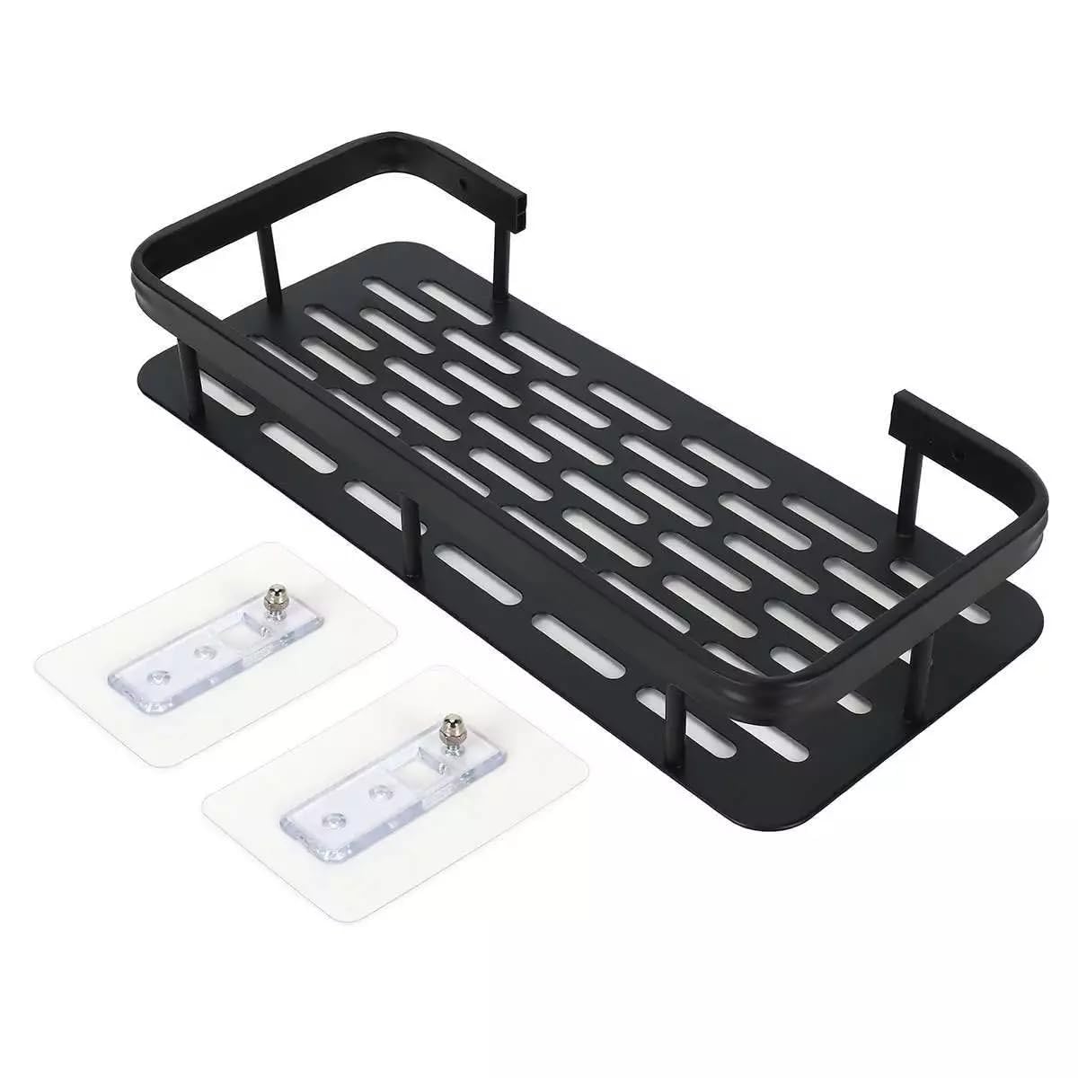 Wall Mounted Punch Free Space Aluminum Bathroom Storage Shelf Adhesive Bathroom Kitchen Storage Organizer Racks (Black Color)(30X13X5.5cm) (1 pcs)
