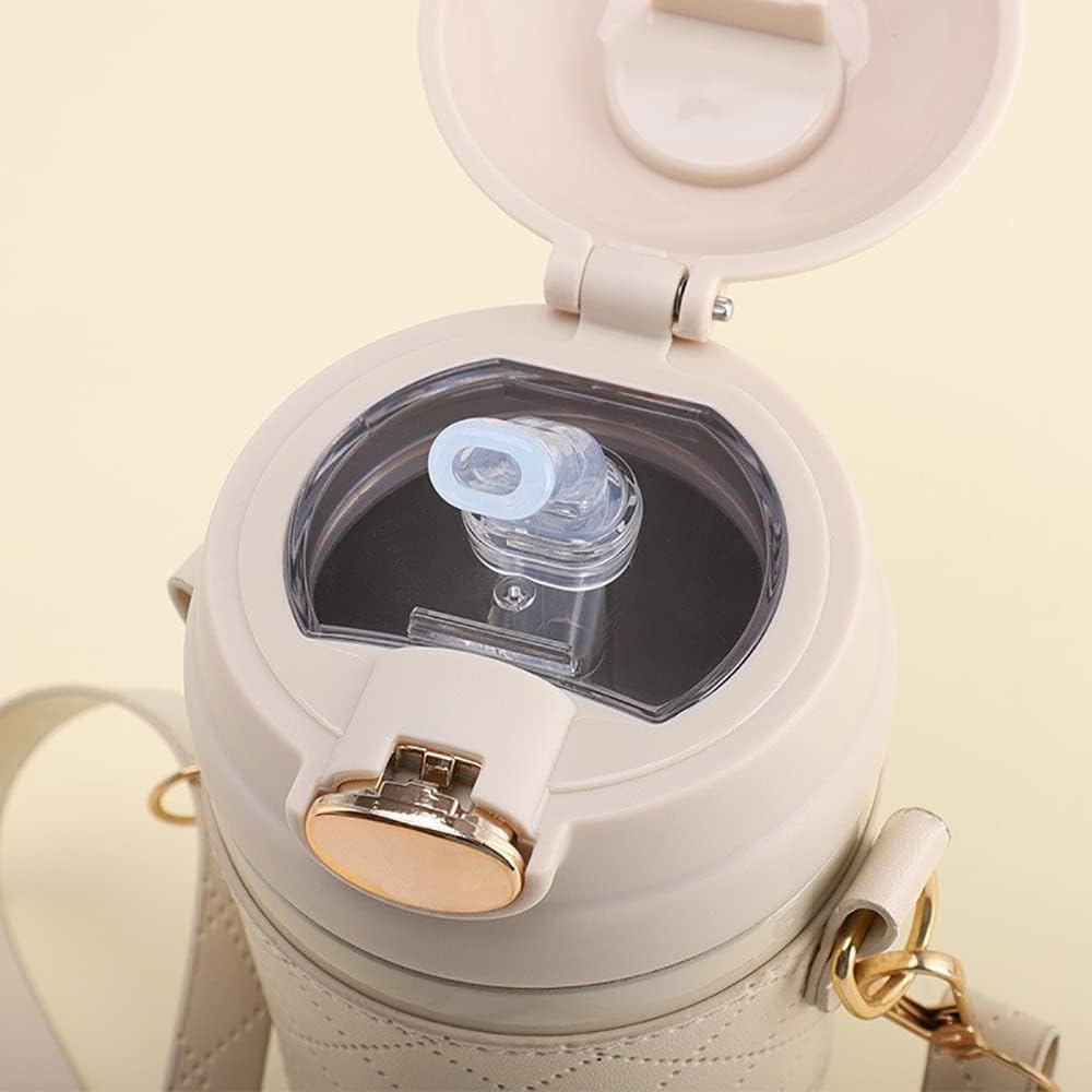 Water Bottle with Belt Rabbit Style Insulated Vacuum Cup with Straw 480ml Stainless Steel Travel Coffe Mug with Sholder Strap Hot & Cold, Coffee Tumbler (White)