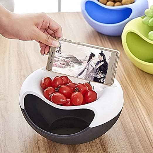 Double Layer Multifunctional Creative Shape Pista Nut Snack Breakfast Dry Fruit Serving Platter Bowl with Mobile Cell Phone Holder Bracket Stand