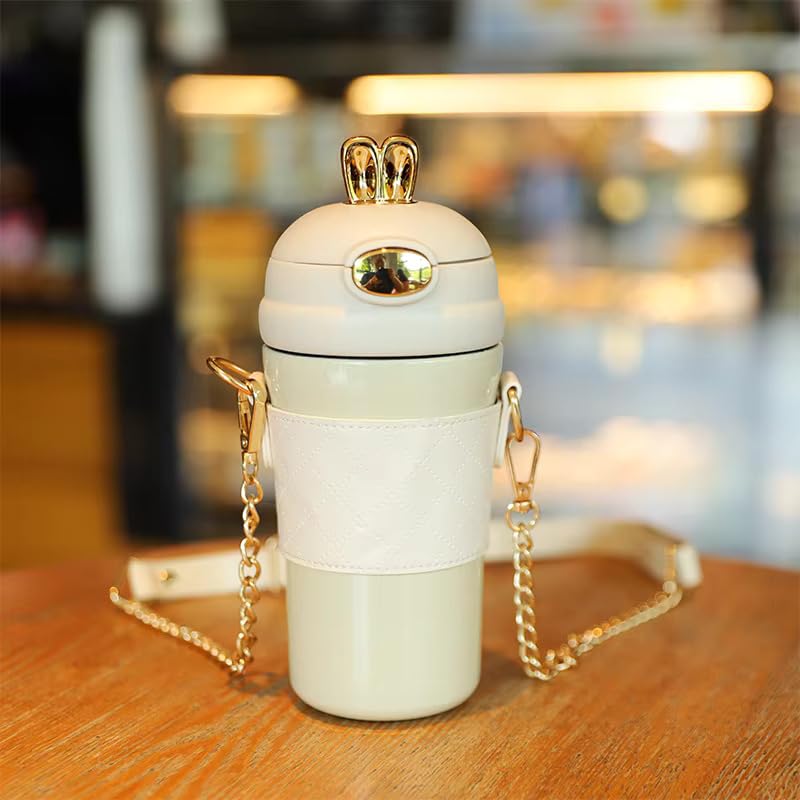 Water Bottle with Belt Rabbit Style Insulated Vacuum Cup with Straw 480ml Stainless Steel Travel Coffe Mug with Sholder Strap Hot & Cold, Coffee Tumbler (White)