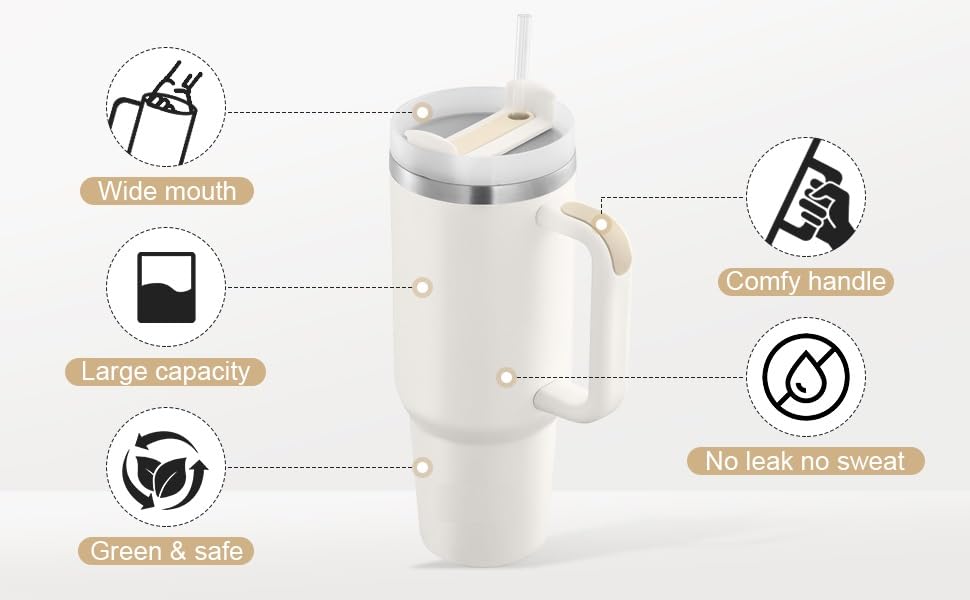 Stainless Steel Tumbler with Lid and Straw 1200ml Vacuum Insulated Travel Mug Reusable Bottle with Handle