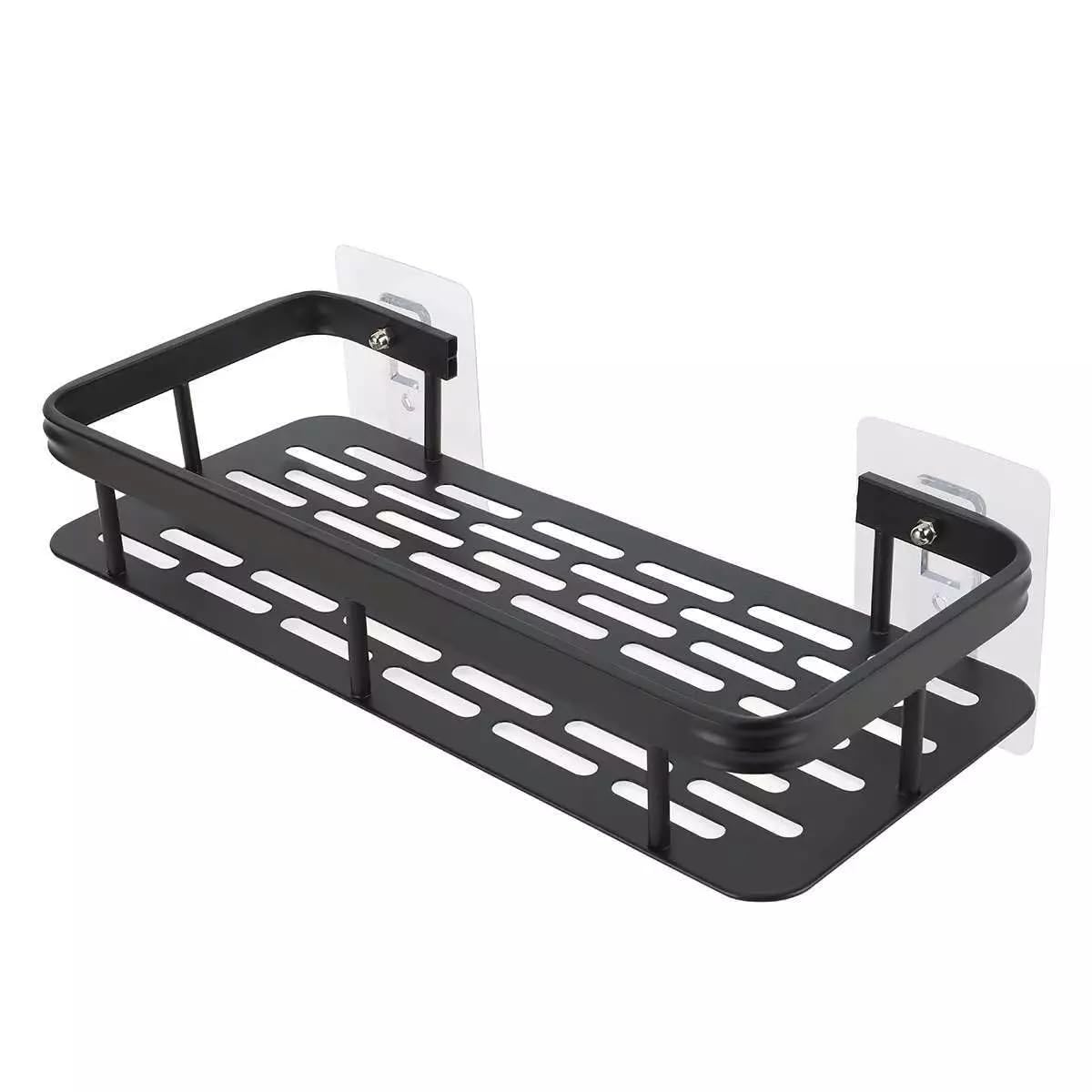 Wall Mounted Punch Free Space Aluminum Bathroom Storage Shelf Adhesive Bathroom Kitchen Storage Organizer Racks (Black Color)(30X13X5.5cm) (1 pcs)