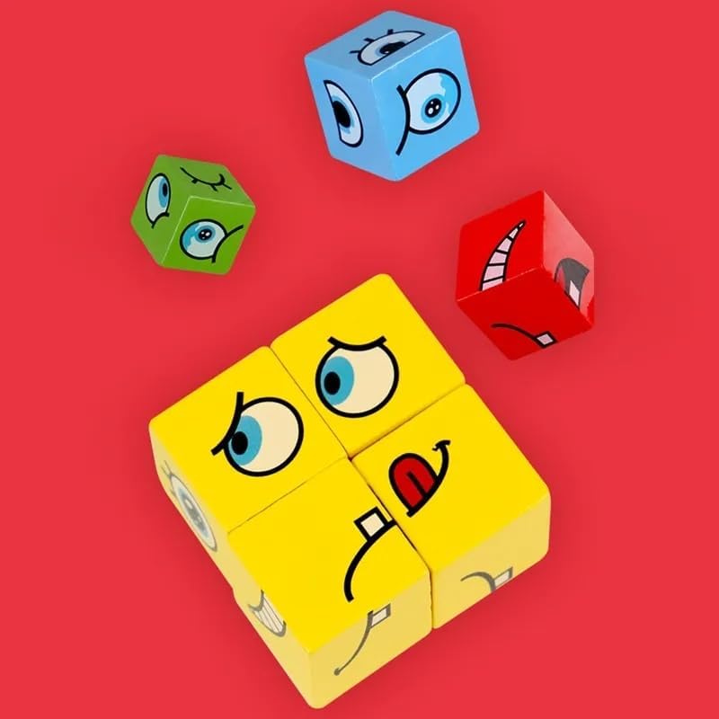 Wooden Emoji Face Changing Cube Puzzle Game Expressions Matching Block Puzzles Building Logical Educational Training Toys 16 Face Blocks & 72 Playing Cards Birthday Gift for Kids Boys Girls