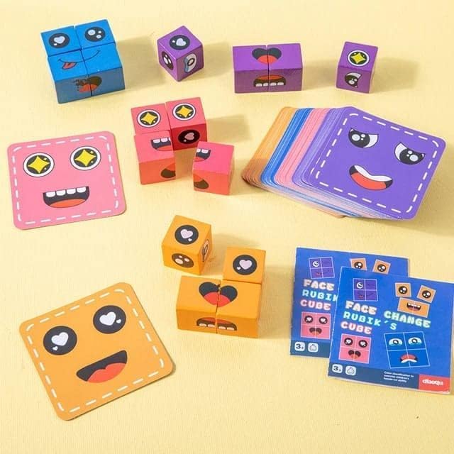 Wooden Emoji Face Changing Cube Puzzle Game Expressions Matching Block Puzzles Building Logical Educational Training Toys 16 Face Blocks & 72 Playing Cards Birthday Gift for Kids Boys Girls