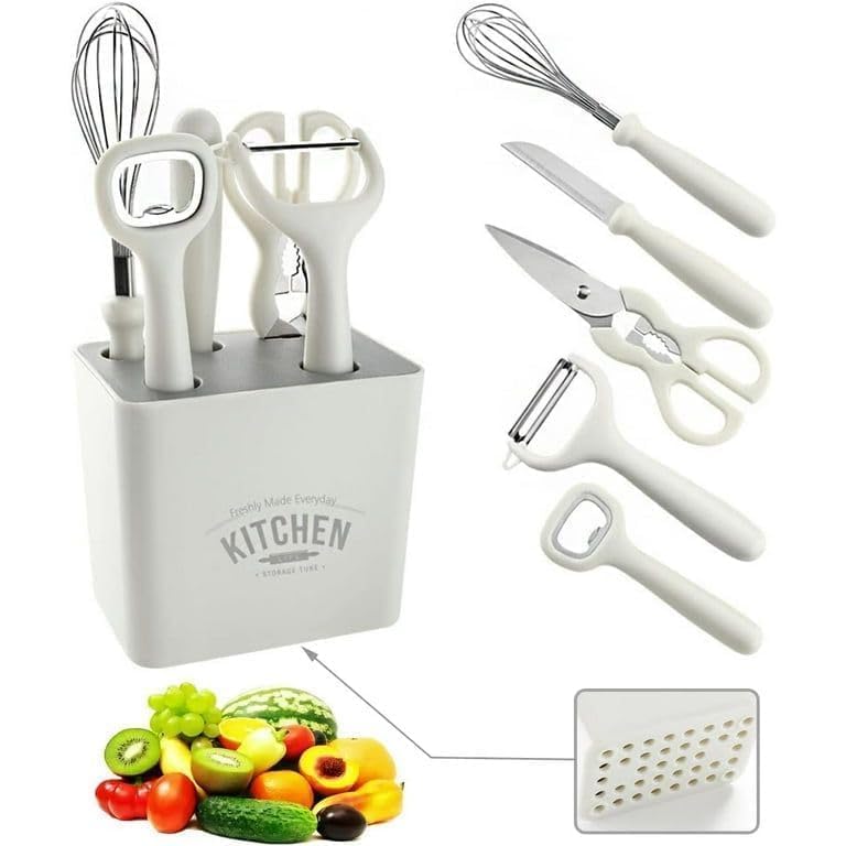 Stainless Steel 6-Piece Kitchen Gadgets Set, Kitchen Scissors, Kitchen Utensils Set with Holder, Paring Knife, Whisk, Bottle Opener, Peeler- Anti-Slip Handle, Decorative Base,