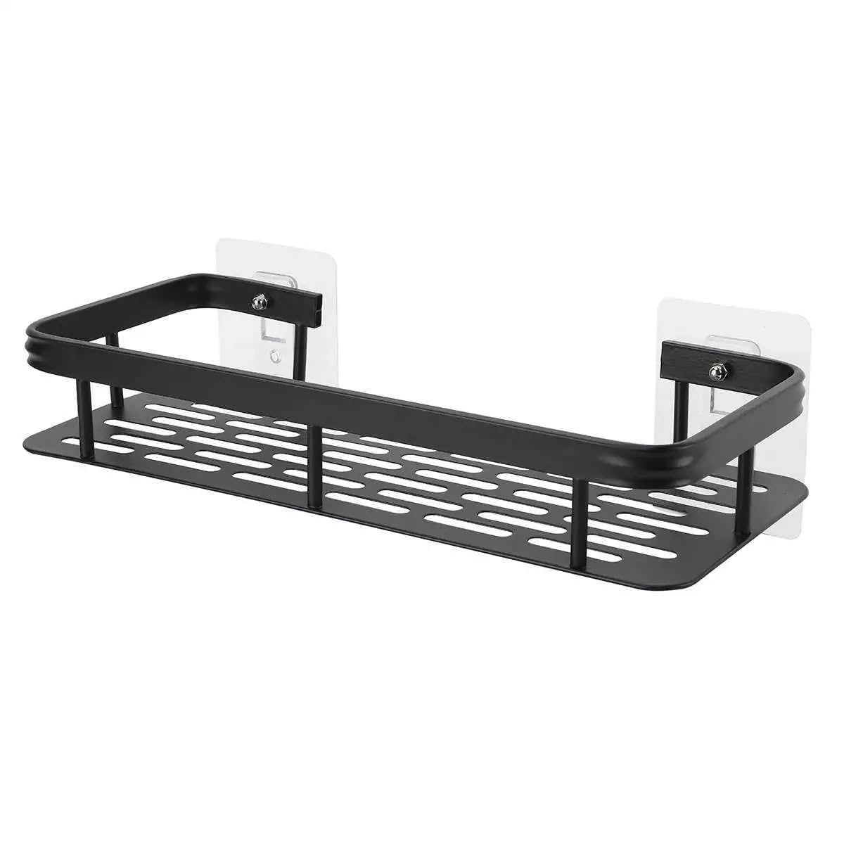 Wall Mounted Punch Free Space Aluminum Bathroom Storage Shelf Adhesive Bathroom Kitchen Storage Organizer Racks (Black Color)(30X13X5.5cm) (1 pcs)