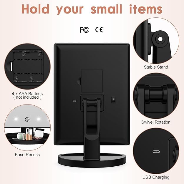 Rechargeable Makeup Vanity Mirror | Tri-fold Makeup Mirror with Lights | Lighted Makeup Mirror with Magnification | Portable LED Travel Vanity Mirror with 3 Light Modes and Adjustable