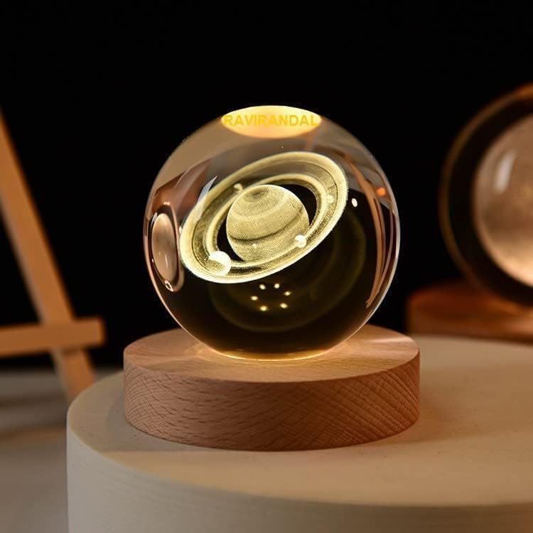 Solar System Crystal Ball Night Lamp 2.4 inch, 3D Galaxy Ball lamp 60 MM USB Table Colorful LED Wooden Base Crystal Ball for Home Decoration Birthday Gift (Moon)