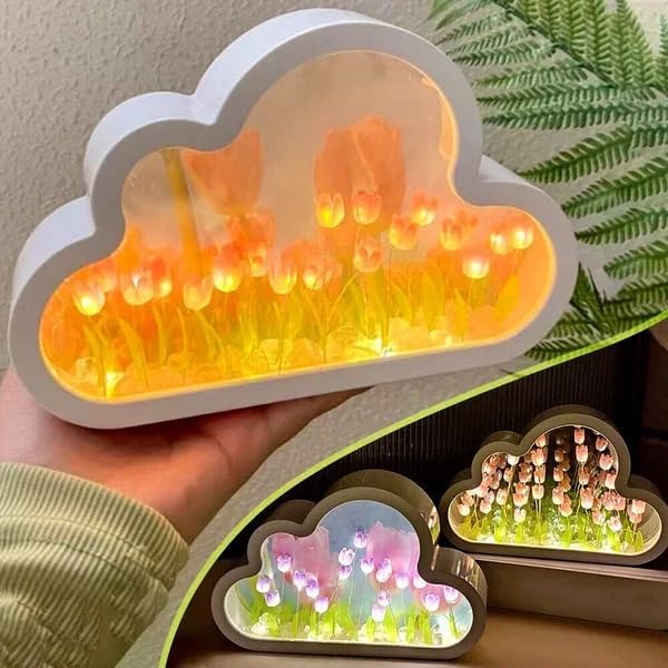 Romantic 3D Tulip Night Light, Simply Elegant Flower Lamp with Wooden Base for Bedroom, Home Decor, Nursery (Tulip)