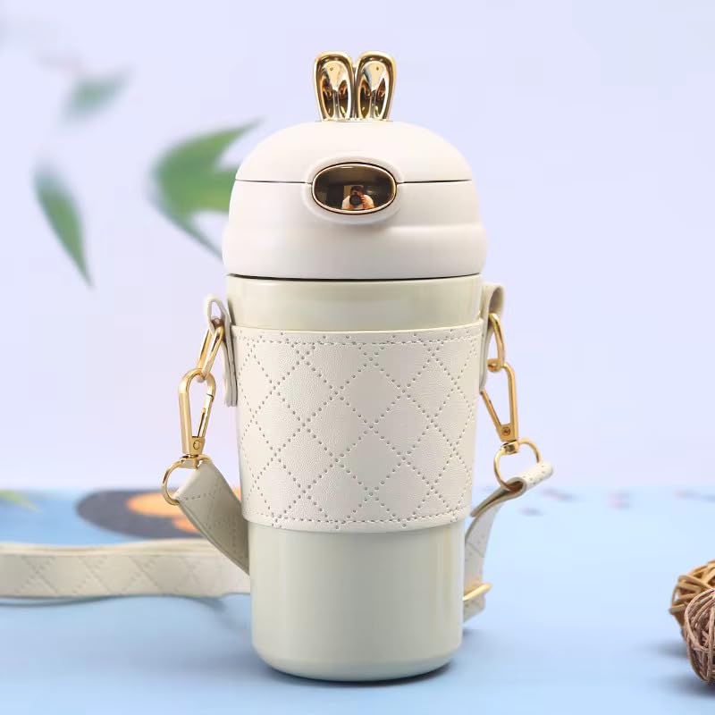 Water Bottle with Belt Rabbit Style Insulated Vacuum Cup with Straw 480ml Stainless Steel Travel Coffe Mug with Sholder Strap Hot & Cold, Coffee Tumbler (White)