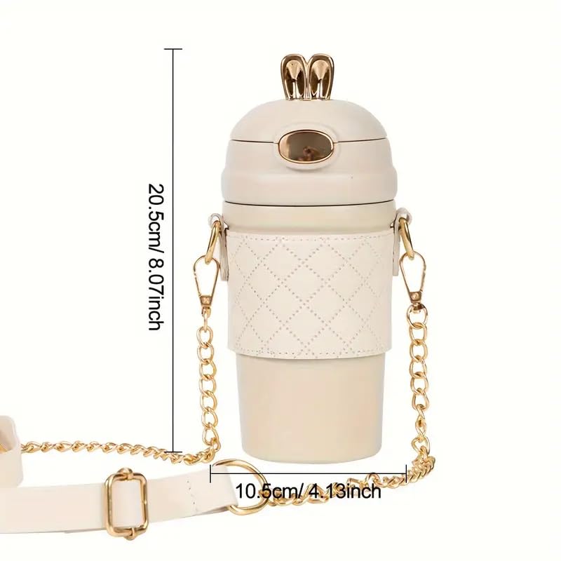 Water Bottle with Belt Rabbit Style Insulated Vacuum Cup with Straw 480ml Stainless Steel Travel Coffe Mug with Sholder Strap Hot & Cold, Coffee Tumbler (White)