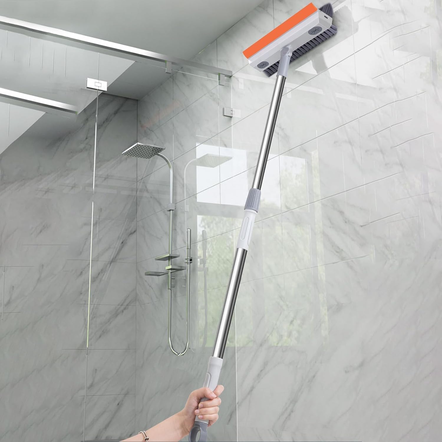 3 in 1 Bathroom Cleaning Brush with Wiper and Long Handle - 180° Rotate Floor Scrub Brush for Tiles