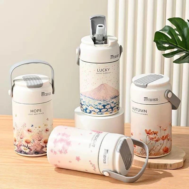 750ml Flower Pattern Bottle Kids Water Bottle with Straw Handle Water Bottle Colourful Flower Pattern Pack of 1