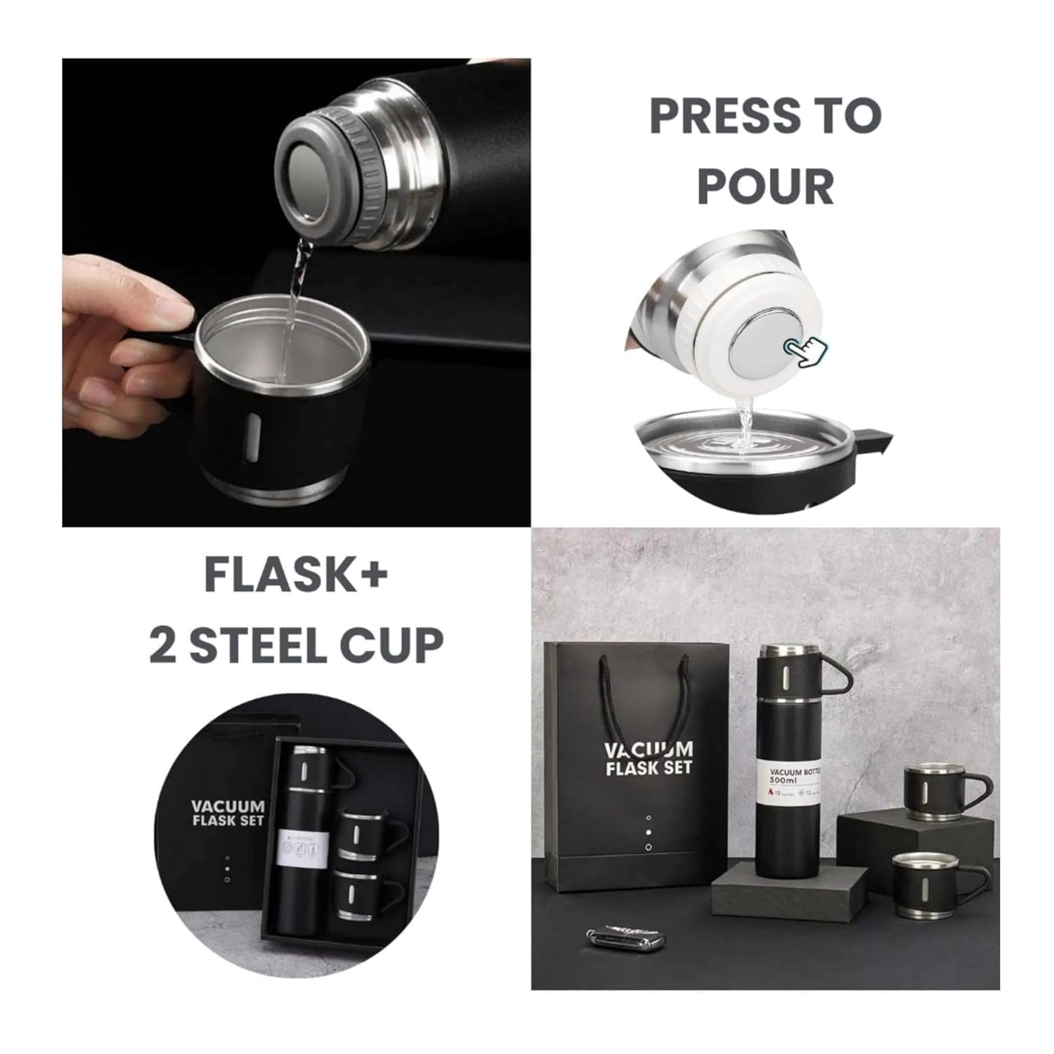Double Wall Stainless Steel Thermo 500ml Vacuum Insulated Bottle Water Flask Gift Set with Two Cups Hot & Cold