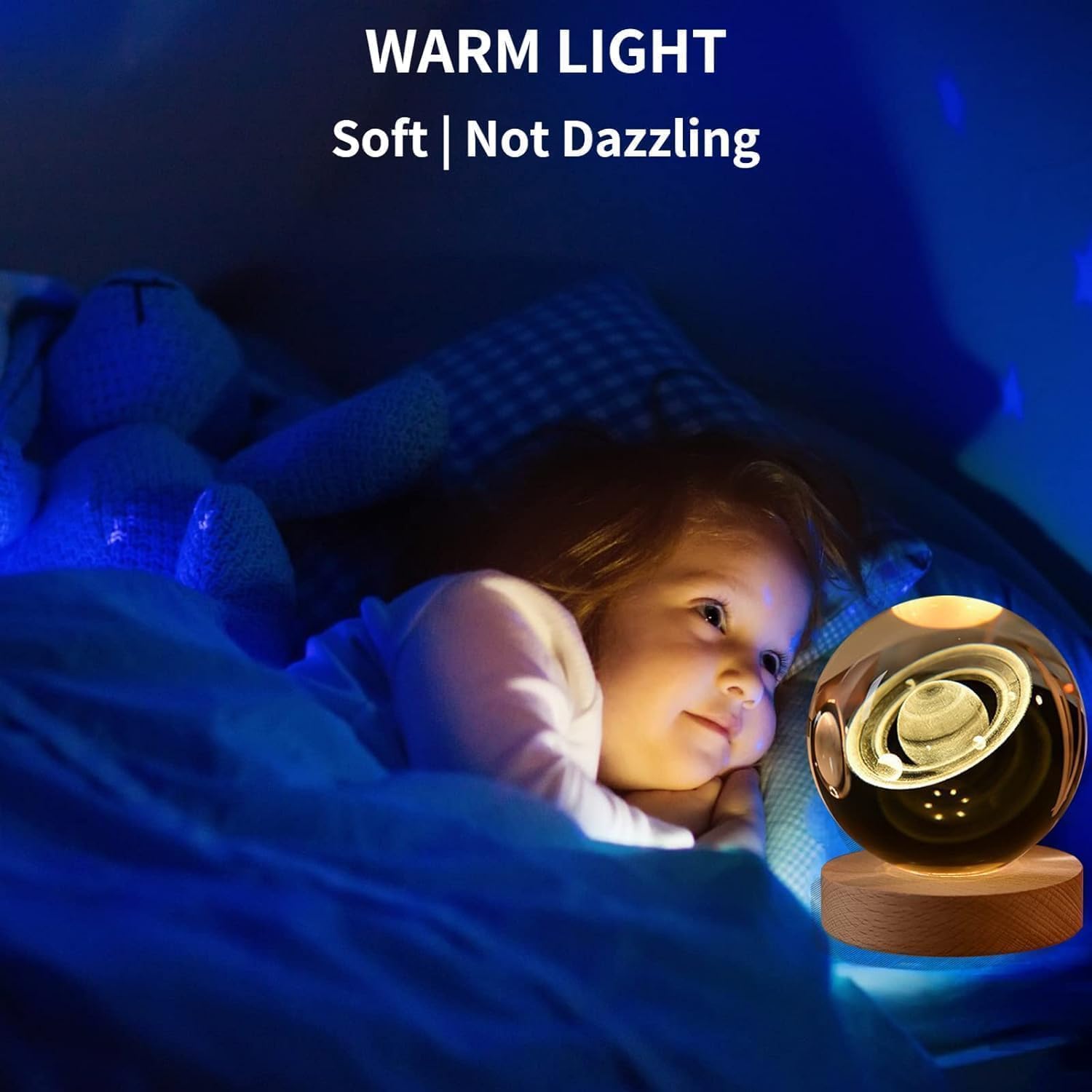 Solar System Crystal Ball Night Lamp 2.4 inch, 3D Galaxy Ball lamp 60 MM USB Table Colorful LED Wooden Base Crystal Ball for Home Decoration Birthday Gift (Moon)