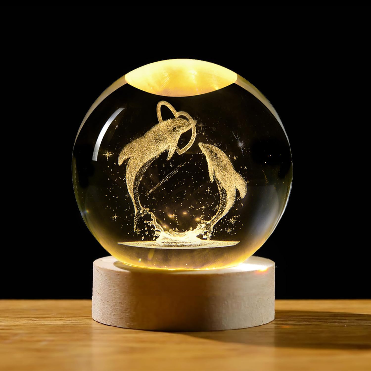 Crystal Ball Night Light,Glass Ball Night LED Lamp with USB Powered 2.36 Inch Wooden Base Colorful Crystal Ball for Gifts Men,Women,Kids,Boys,Girls (Jumping Dolphine)