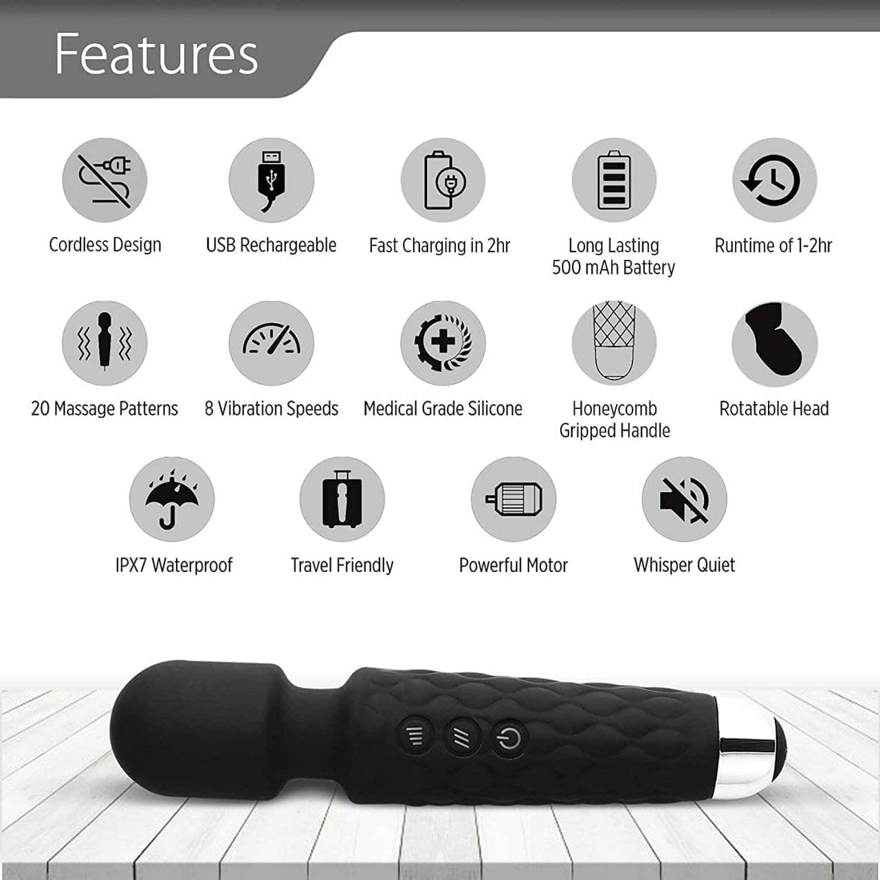 Cordless Rechargeable Personal Body Wand Massager Machine with 28 Vibration Modes & Water Resistant Magic Mate Handheld Cordless Personal Body Massager