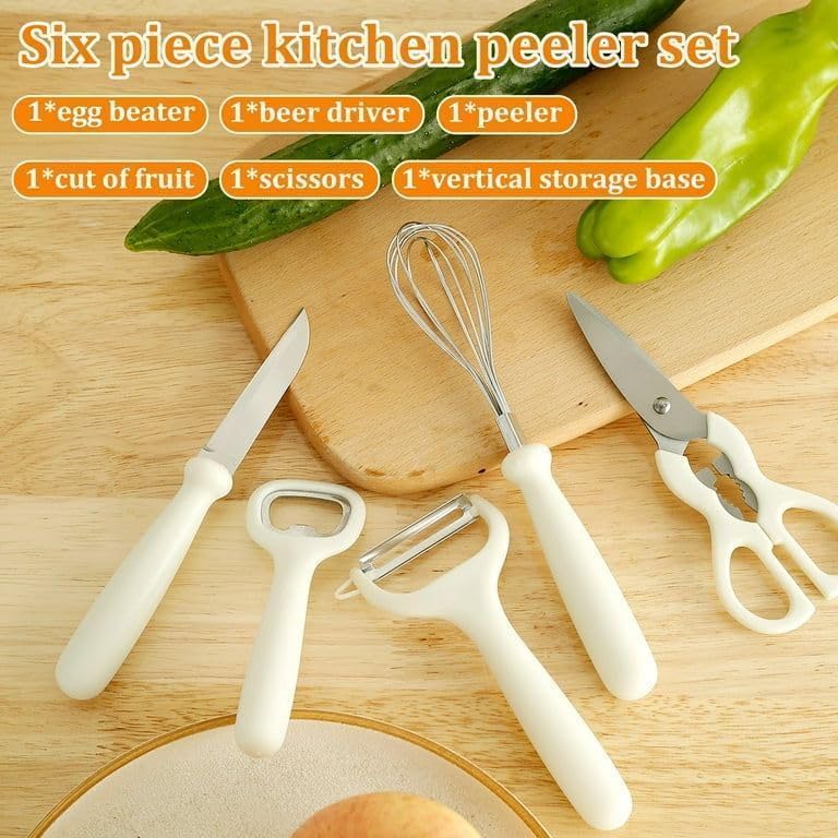 Stainless Steel 6-Piece Kitchen Gadgets Set, Kitchen Scissors, Kitchen Utensils Set with Holder, Paring Knife, Whisk, Bottle Opener, Peeler- Anti-Slip Handle, Decorative Base,