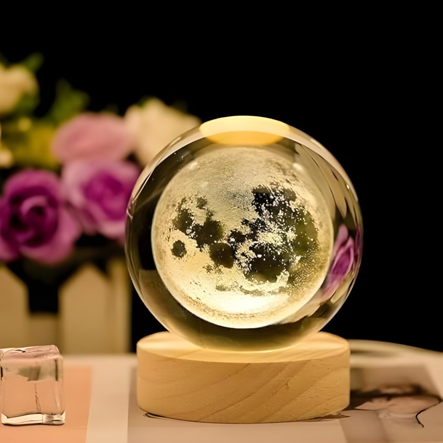 3D Crystal Moon Lamp – Engraved Crystal Ball LED Night Light with Wooden Base, USB Powered, Ideal for Home & Office Décor, Birthday Gift for Adults