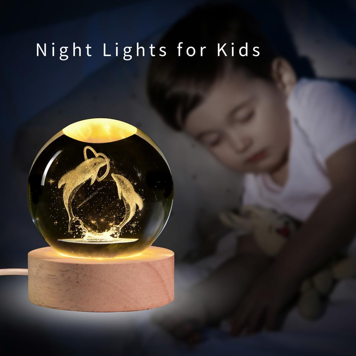 Crystal Ball Night Light,Glass Ball Night LED Lamp with USB Powered 2.36 Inch Wooden Base Colorful Crystal Ball for Gifts Men,Women,Kids,Boys,Girls (Jumping Dolphine)