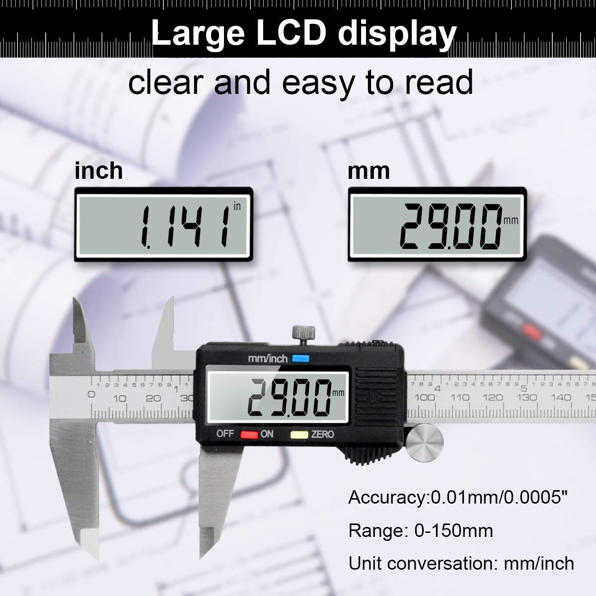 Electronic Digital Caliper Measuring Tool, Stainless Steel Vernier Caliper Digital, Easy Switch from Inch Metric, LCD Screen,0-6inch/150mm Caliper Measuring Tool for DIY/3D