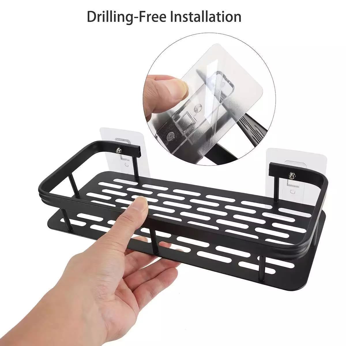 Wall Mounted Punch Free Space Aluminum Bathroom Storage Shelf Adhesive Bathroom Kitchen Storage Organizer Racks (Black Color)(30X13X5.5cm) (1 pcs)