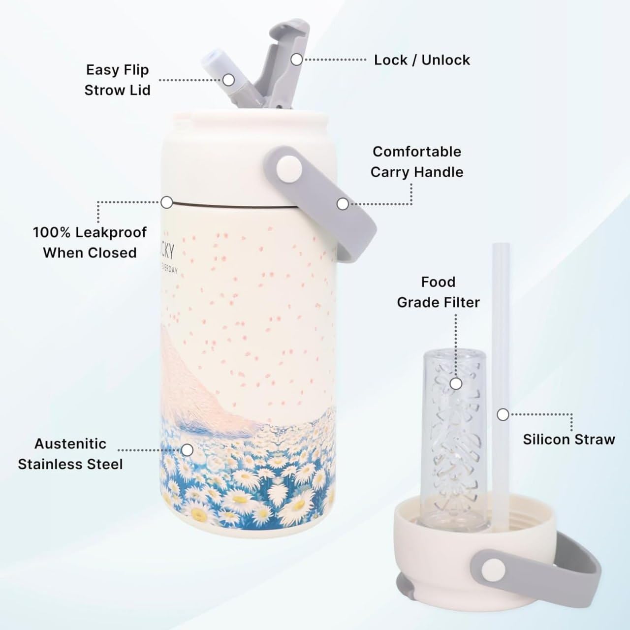 750ml Flower Pattern Bottle Kids Water Bottle with Straw Handle Water Bottle Colourful Flower Pattern Pack of 1