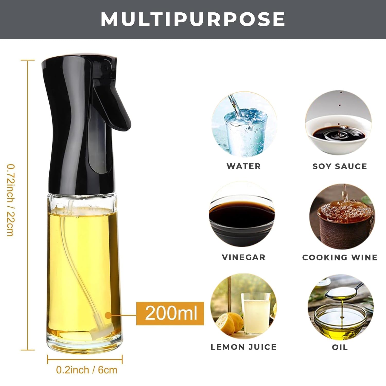 Glass Oil Spray Dispenser Cooking 200ml Olive Oil Spray Bottle Refillable Food Grade Oil Vinegar Spritzer Sprinkler Mister Used for Air Fryer, Salad Making, Frying, BBQ