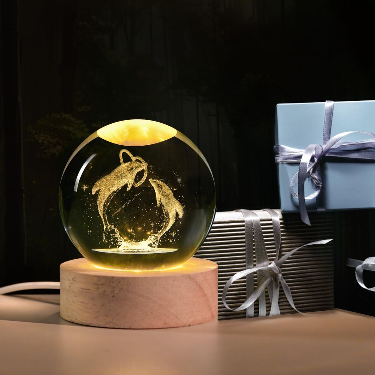 Crystal Ball Night Light,Glass Ball Night LED Lamp with USB Powered 2.36 Inch Wooden Base Colorful Crystal Ball for Gifts Men,Women,Kids,Boys,Girls (Jumping Dolphine)