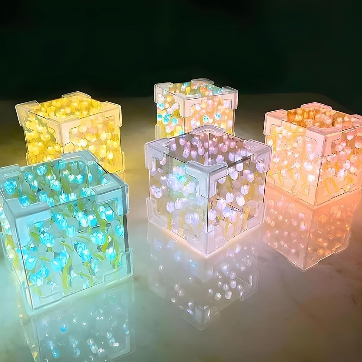 Do It Yourself - Tulip Cube Mirror Lamp, 30 Flowers LED Decorative Lamp, 2 in 1 Mirror & Table Ornaments for Bedroom Livingroom Desktop Decor Birthday Gift