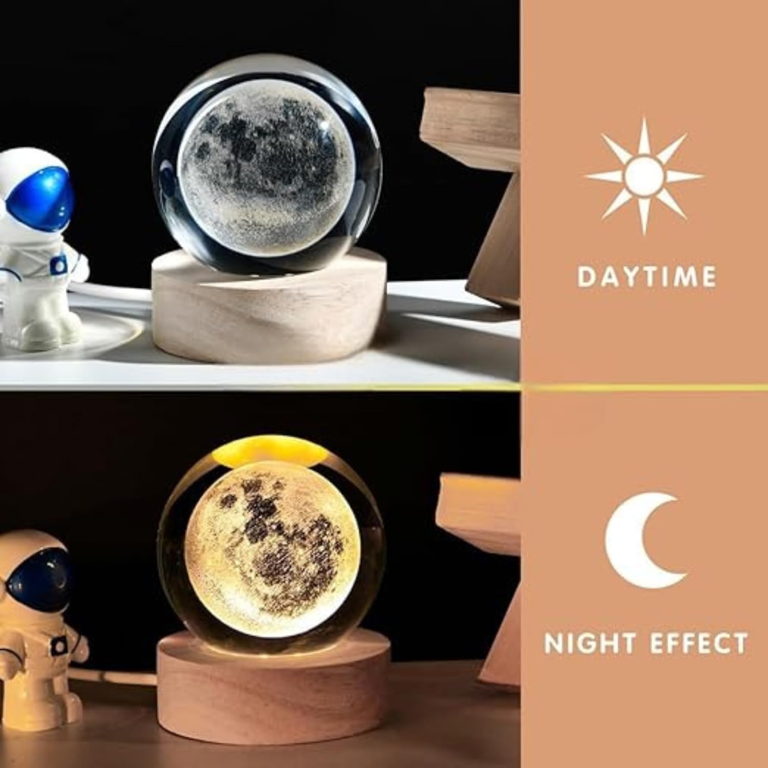3D Crystal Moon Lamp – Engraved Crystal Ball LED Night Light with Wooden Base, USB Powered, Ideal for Home & Office Décor, Birthday Gift for Adults