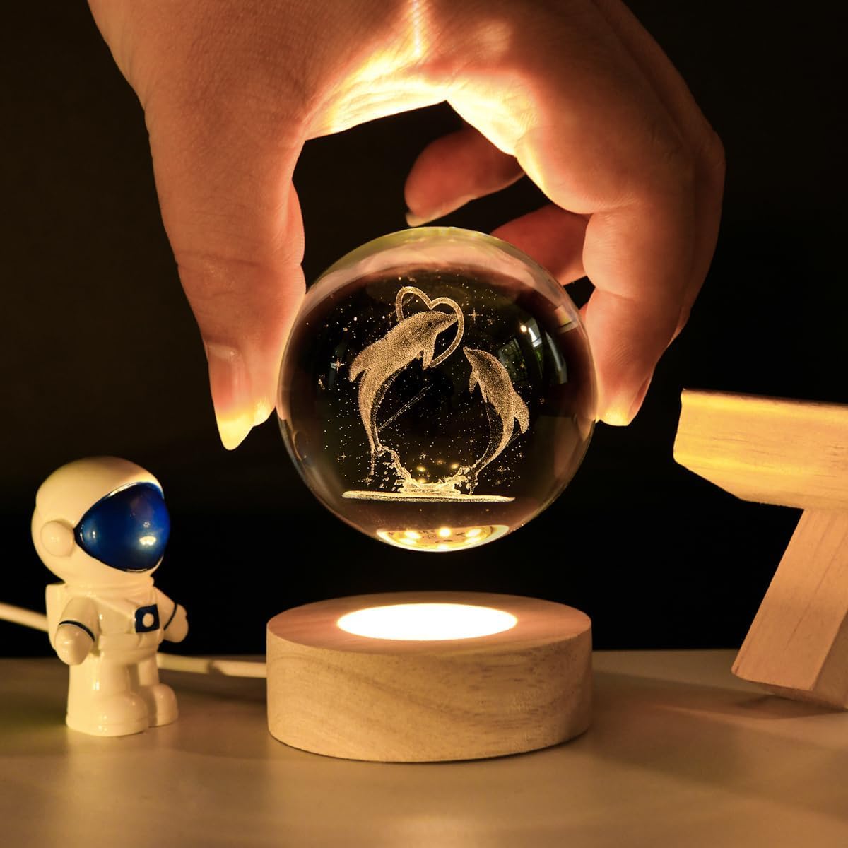 Crystal Ball Night Light,Glass Ball Night LED Lamp with USB Powered 2.36 Inch Wooden Base Colorful Crystal Ball for Gifts Men,Women,Kids,Boys,Girls (Jumping Dolphine)