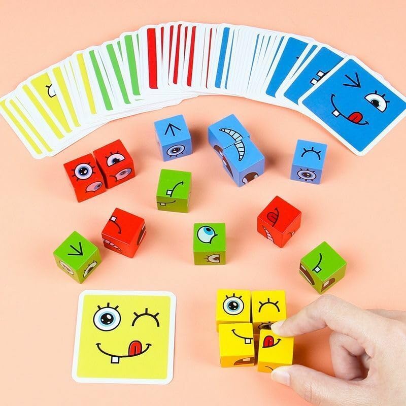 Wooden Emoji Face Changing Cube Puzzle Game Expressions Matching Block Puzzles Building Logical Educational Training Toys 16 Face Blocks & 72 Playing Cards Birthday Gift for Kids Boys Girls