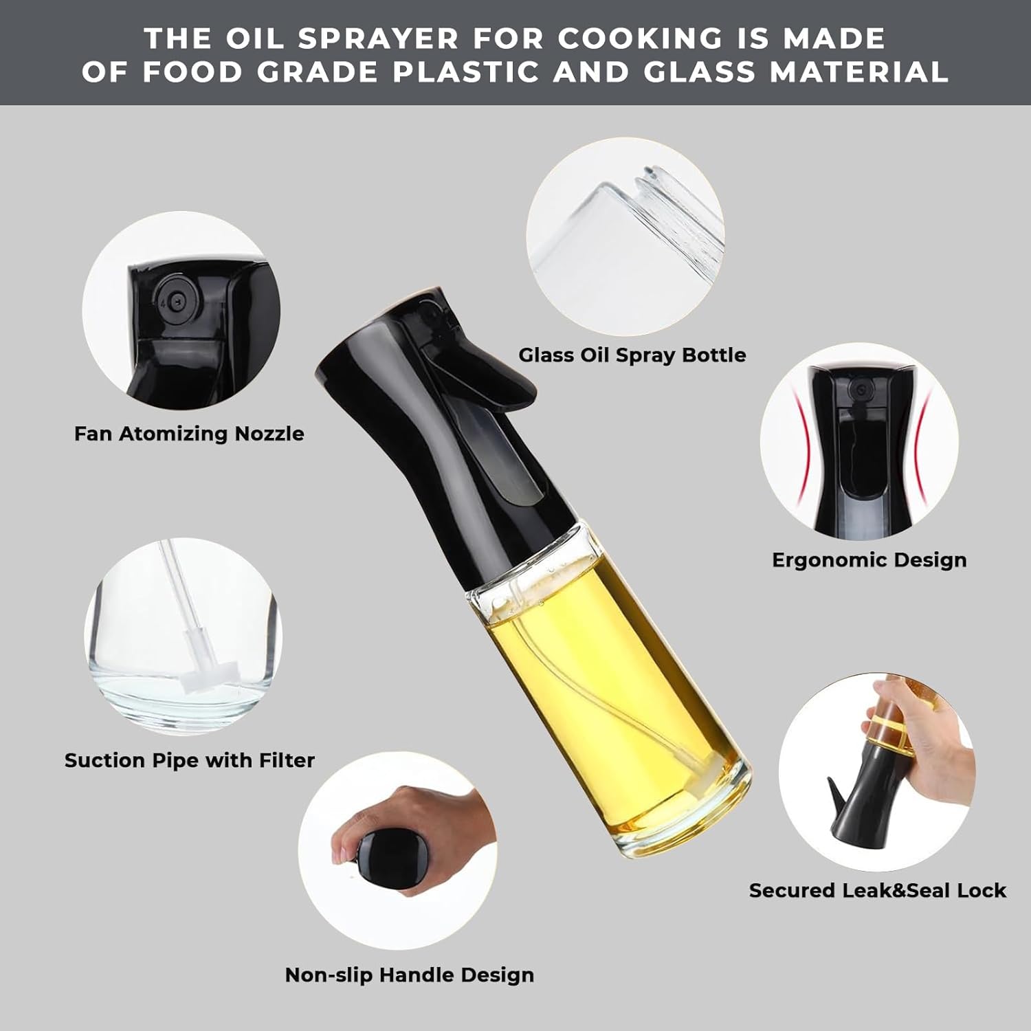 Glass Oil Spray Dispenser Cooking 200ml Olive Oil Spray Bottle Refillable Food Grade Oil Vinegar Spritzer Sprinkler Mister Used for Air Fryer, Salad Making, Frying, BBQ